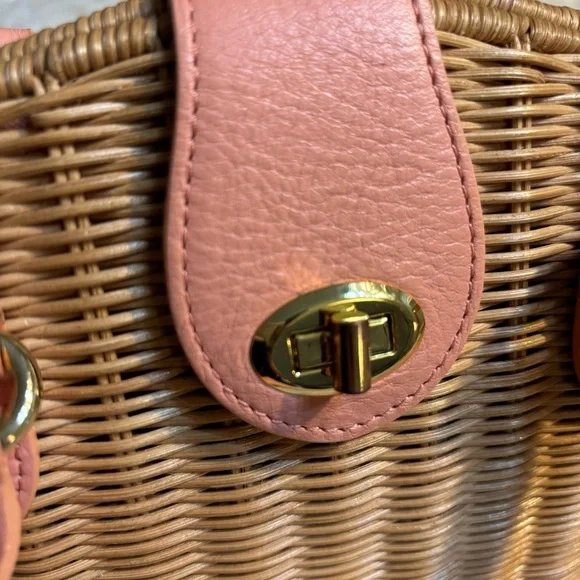 NEW Banana Republic Woven Bag Tan Rattan Pale Pink Leather Gold-tone Hardware - Picture 10 of 16